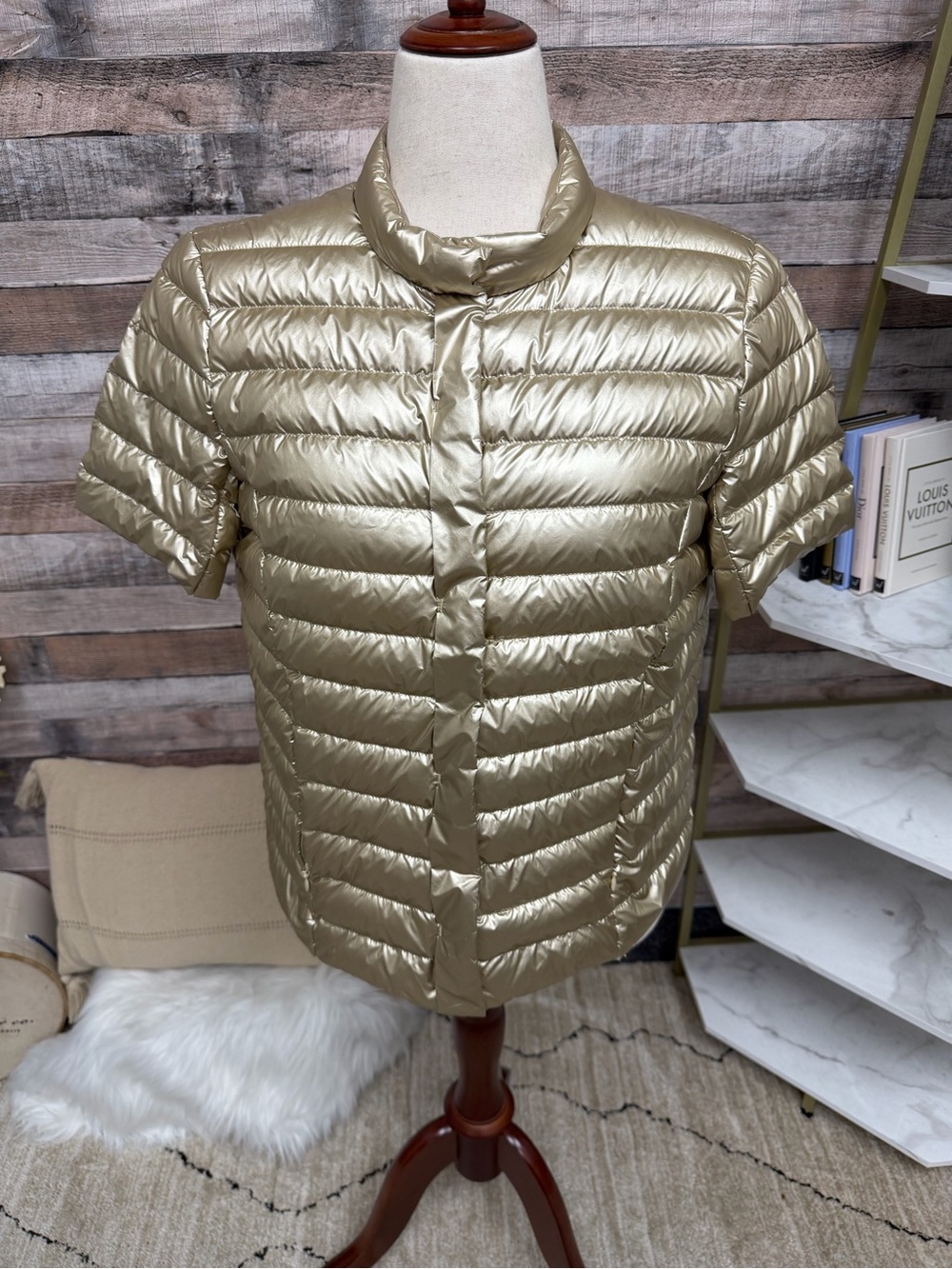 J. McLaughlin Metallic Gold Short-Sleeve Quilted Puffer